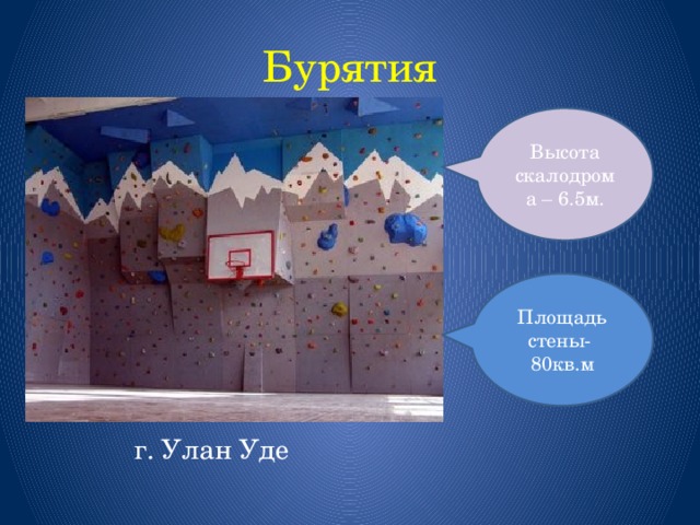 Бурятия Высота скалодрома – 6.5м. Площадь стены- 80кв.м  г. Улан Уде 