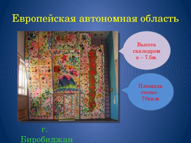 Европейская автономная область Высота скалодрома – 7.5м. Площадь стены- 70кв.м  г. Биробиджан 