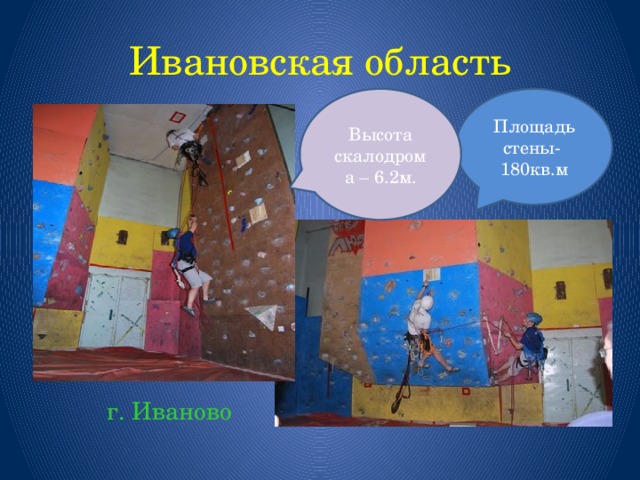 Ивановская область Площадь стены- 180кв.м Высота скалодрома – 6.2м.  г. Иваново 