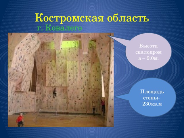 Костромская область  г. Ковалего Высота скалодрома – 9.0м. Площадь стены- 230кв.м 