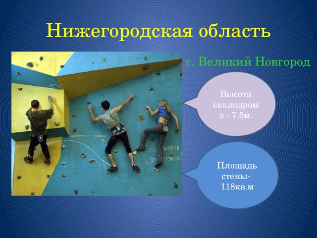 Нижегородская область г. Великий Новгород Высота скалодрома - 7.5м. Площадь стены- 118кв.м 