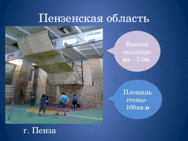 Пензенская область Высота скалодрома - 7.0м. Площадь стены- 100кв.м  г. Пенза 