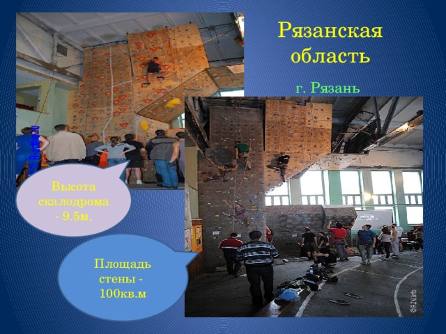 Рязанская область  г. Рязань Высота скалодрома - 9.5м. Площадь стены - 100кв.м 