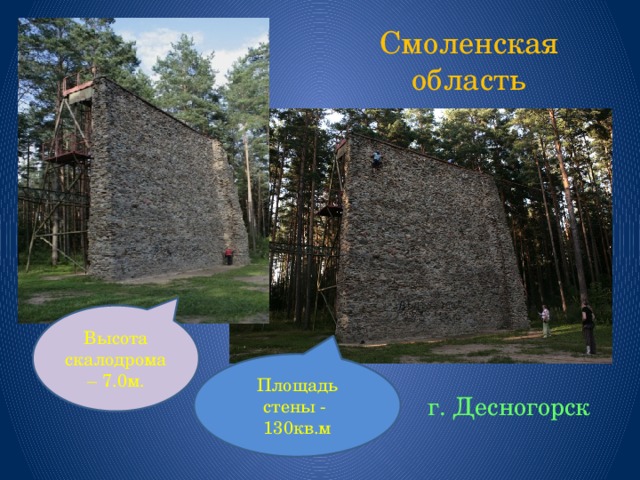 Смоленская область Высота скалодрома – 7.0м. Площадь стены - 130кв.м г. Десногорск 