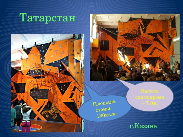 Площадь стены - 130кв.м Татарстан Высота скалодрома – 7.0м.  г.Казань 