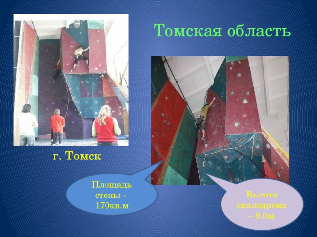 Томская область  г. Томск Площадь стены - 170кв.м Высота скалодрома – 9.0м. 