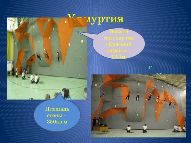 Удмуртия Высота скалодрома «Красный камень» – 12.0м. г. Ижевск Площадь стены - 350кв.м 