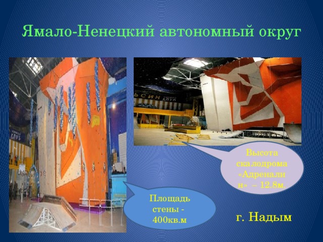 Ямало-Ненецкий автономный округ Высота скалодрома «Адреналин» – 12.8м. Площадь стены - 400кв.м  г. Надым 