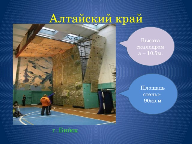 Алтайский край Высота скалодрома – 10.5м. Площадь стены- 90кв.м г. Бийск 