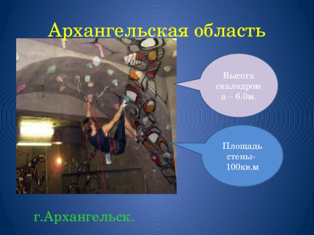 Архангельская область Высота скалодрома – 6.0м. Площадь стены- 100кв.м   г.Архангельск.  