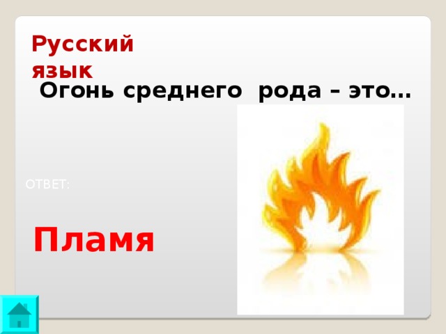 Русский язык Огонь среднего рода – это… ОТВЕТ: Пламя 
