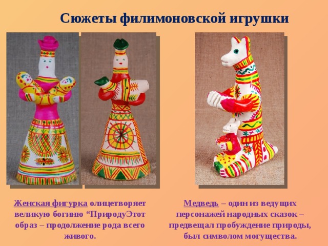 Сюжеты филимоновской игрушки Женская фигурка  олицетворяет великую богиню “ПриродуЭтот образ – продолжение рода всего живого. Медведь  – один из ведущих персонажей народных сказок – предвещал пробуждение природы, был символом могущества. 
