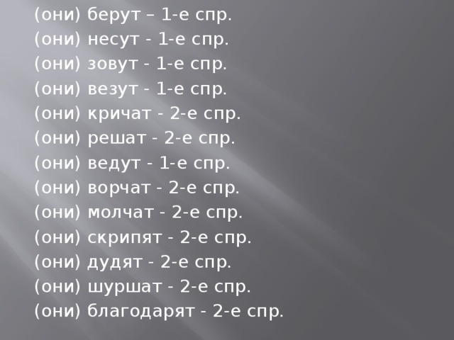 (они) берут – 1-е спр. (они) несут - 1-е спр. (они) зовут - 1-е спр. (они) везут - 1-е спр. (они) кричат - 2-е спр. (они) решат - 2-е спр. (они) ведут - 1-е спр. (они) ворчат - 2-е спр. (они) молчат - 2-е спр. (они) скрипят - 2-е спр. (они) дудят - 2-е спр. (они) шуршат - 2-е спр. (они) благодарят - 2-е спр. 
