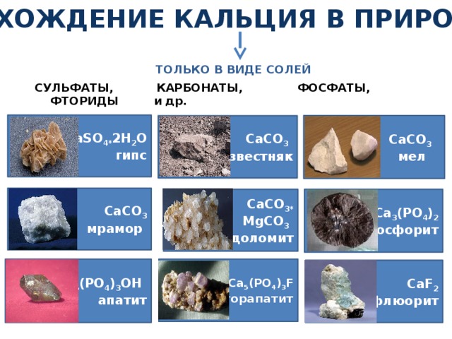 нахождение кальция в природе Только В виде солей СУЛЬФАТЫ, КАРБОНАТЫ, ФОСФАТЫ, ФТОРИДЫ и др. СаSO 4* 2H 2 O гипс СaСO 3  СаСO 3  известняк мел  СаСO 3 мрамор СаСO 3* Сa 3 (PO 4 ) 2 фосфорит МgСO 3  доломит Для работы слайда необходимо кликать мышью для появления текста. Сa 5 (PO 4 ) 3 F фторапатит Сa 5 (PO 4 ) 3 OH  апатит СaF 2 флюорит 7 