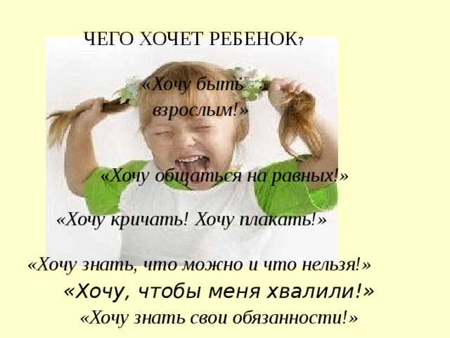  ЧЕГО ХОЧЕТ РЕБЕНОК ? « Хочу быть взрослым!» « Хочу общаться на равных!» «Хочу кричать! Хочу плакать!» «Хочу знать, что можно и что нельзя!» «Хочу, чтобы меня хвалили!» «Хочу знать свои обязанности!» 