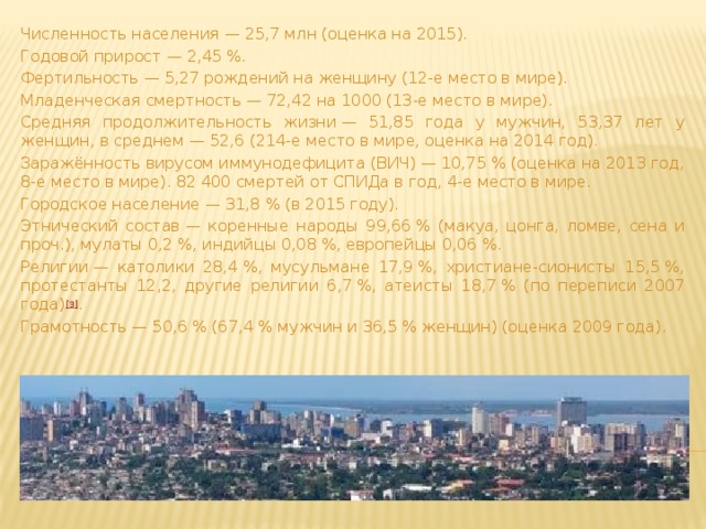 Численность населения — 25,7 млн (оценка на 2015). Годовой прирост — 2,45 %. Фертильность — 5,27 рождений на женщину (12-е место в мире). Младенческая смертность — 72,42 на 1000 (13-е место в мире). Средняя продолжительность жизни — 51,85 года у мужчин, 53,37 лет у женщин, в среднем — 52,6 (214-е место в мире, оценка на 2014 год). Заражённость вирусом иммунодефицита (ВИЧ) — 10,75 % (оценка на 2013 год, 8-е место в мире). 82 400 смертей от СПИДа в год, 4-е место в мире. Городское население — 31,8 % (в 2015 году). Этнический состав — коренные народы 99,66 % (макуа, цонга, ломве, сена и проч.), мулаты 0,2 %, индийцы 0,08 %, европейцы 0,06 %. Религии — католики 28,4 %, мусульмане 17,9 %, христиане-сионисты 15,5 %, протестанты 12,2, другие религии 6,7 %, атеисты 18,7 % (по переписи 2007 года) [3] . Грамотность — 50,6 % (67,4 % мужчин и 36,5 % женщин) (оценка 2009 года). 