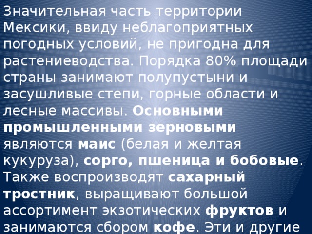 Значительная часть территории Мексики, ввиду неблагоприятных погодных условий, не пригодна для растениеводства. Порядка 80% площади страны занимают полупустыни и засушливые степи, горные области и лесные массивы. Основными промышленными зерновыми являются маис (белая и желтая кукуруза), сорго, пшеница и бобовые . Также воспроизводят сахарный тростник , выращивают большой ассортимент экзотических фруктов и занимаются сбором кофе . Эти и другие продукты растениеводства имеют не только экспортное значение. 