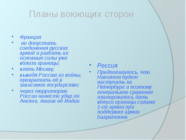 Планы воюющих сторон Франция  не допустить соединения русских армий и разбить их основные силы уже вблизи границы; взять Москву; выведя Россию из войны, превратить её в зависимое государство; через территорию России нанести удар по Англии, лишив её Индии Россия Предполагалось, что Наполеон будет наступать на Петербург и поэтому генеральное сражение планировалось дать вблизи границы силами 1-ой армии при поддержке армии Багратиона  