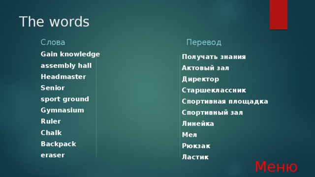 The words Слова Перевод Gain knowledge assembly hall Headmaster Senior sport ground Gymnasium Ruler Chalk Backpack eraser Получать знания Актовый зал Директор Старшеклассник Спортивная площадка Спортивный зал Линейка Мел Рюкзак Ластик Меню 