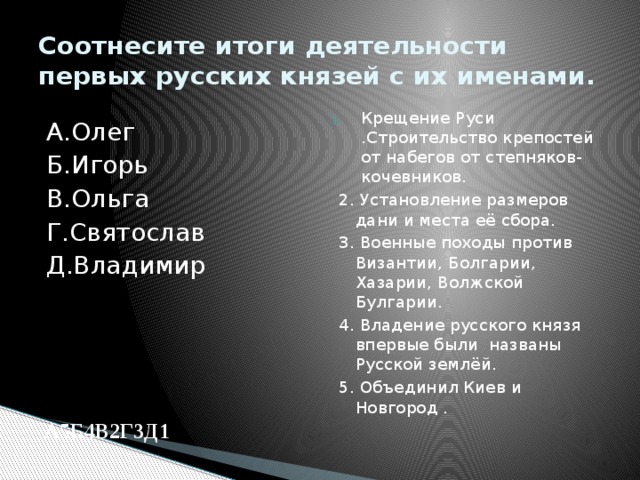 Соотнесите итоги деятельности первых русских князей с их именами. Крещение Руси .Строительство крепостей от набегов от степняков-кочевников. 2. Установление размеров дани и места её сбора. 3. Военные походы против Византии, Болгарии, Хазарии, Волжской Булгарии. 4. Владение русского князя впервые были названы Русской землёй. 5. Объединил Киев и Новгород . А.Олег Б.Игорь В.Ольга Г.Святослав Д.Владимир А5Б4В2Г3Д1