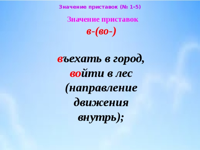 Значение приставок (№ 1-5) Значение приставок  в-(во-)    в ъехать в город,  во йти в лес  (направление  движения  внутрь); 