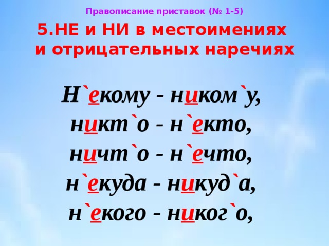 Правописание приставок (№ 1-5) 5.НЕ и НИ в местоимениях  и отрицательных наречиях Н ` е кому - н и ком ` у,  н и кт ` о - н ` е кто,  н и чт ` о - н ` е что,  н ` е куда - н и куд ` а,  н ` е кого - н и ког ` о, 