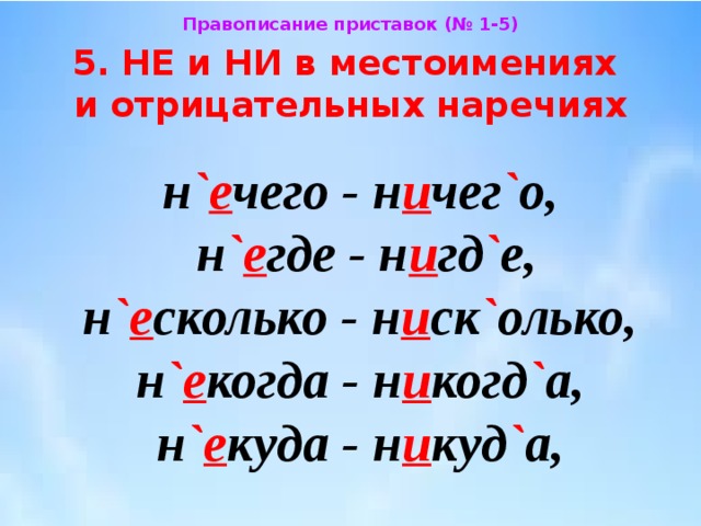 Правописание приставок (№ 1-5) 5. НЕ и НИ в местоимениях  и отрицательных наречиях н ` е чего - н и чег ` о,  н ` е где - н и гд ` е,  н ` е сколько - н и ск ` олько,  н ` е когда - н и когд ` а,  н ` е куда - н и куд ` а, 
