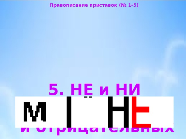 Правописание приставок (№ 1-5) 5. НЕ и НИ  в местоимениях  и отрицательных  наречиях 