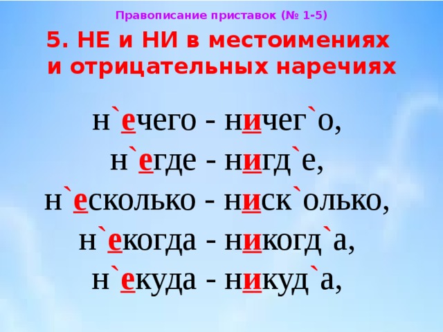 Правописание приставок (№ 1-5) 5. НЕ и НИ в местоимениях  и отрицательных наречиях н ` е чего - н и чег ` о,  н ` е где - н и гд ` е,  н ` е сколько - н и ск ` олько,  н ` е когда - н и когд ` а,  н ` е куда - н и куд ` а, 