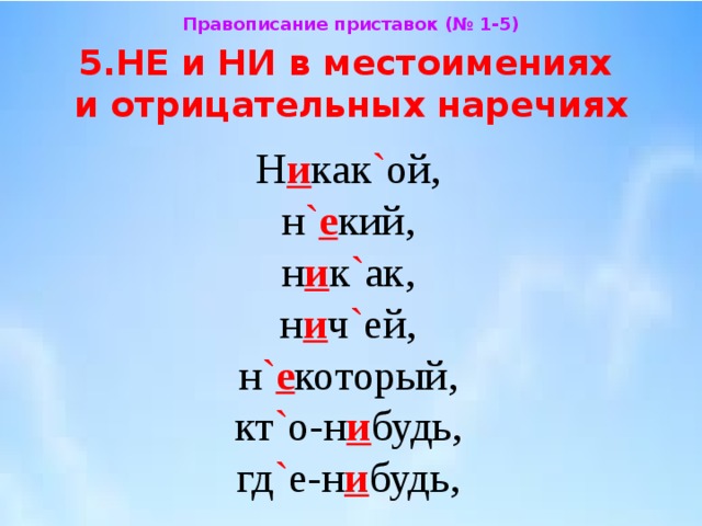 Правописание приставок (№ 1-5) 5.НЕ и НИ в местоимениях  и отрицательных наречиях Н и как ` ой,  н ` е кий,  н и к ` ак,  н и ч ` ей,  н ` е который,  кт ` о-н и будь, гд ` е-н и будь, 