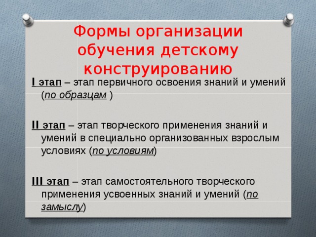 Формы организации обучения детскому конструированию I этап – этап первичного освоения знаний и умений ( по образцам ) II этап – этап творческого применения знаний и умений в специально организованных взрослым условиях ( по условиям ) III этап – этап самостоятельного творческого применения усвоенных знаний и умений ( по замыслу ) 