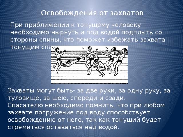 Освобождения от захватов При приближении к тонущему человеку необходимо нырнуть и под водой подплыть со стороны спины, что поможет избежать захвата тонущим спасателя. Захваты могут быть- за две руки, за одну руку, за туловище, за шею, спереди и сзади. Спасателю необходимо помнить, что при любом захвате погружение под воду способствует освобождению от него, так как тонущий будет стремиться оставаться над водой. 