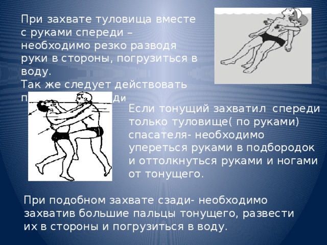 При захвате туловища вместе с руками спереди – необходимо резко разводя руки в стороны, погрузиться в воду. Так же следует действовать при захвате сзад и Если тонущий захватил спереди только туловище( по руками) спасателя- необходимо упереться руками в подбородок и оттолкнуться руками и ногами от тонущего. При подобном захвате сзади- необходимо захватив большие пальцы тонущего, развести их в стороны и погрузиться в воду. 