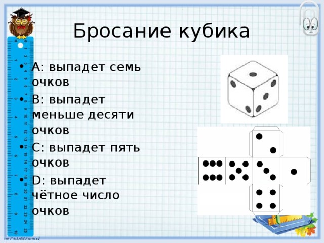 Бросание кубика А: выпадет семь очков В: выпадет меньше десяти очков С: выпадет пять очков D: выпадет чётное число очков 