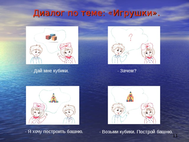 Диалог по теме: «Игрушки». - Дай мне кубики. - Зачем? - Я хочу построить башню. - Возьми кубики. Построй башню. 