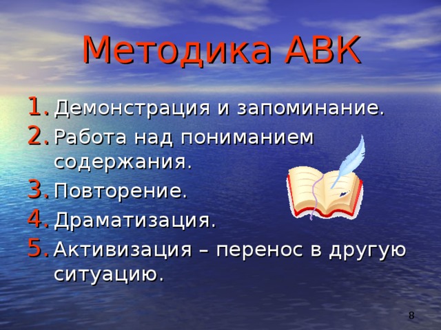Методика АВК Демонстрация и запоминание. Работа над пониманием содержания. Повторение. Драматизация. Активизация – перенос в другую ситуацию. 
