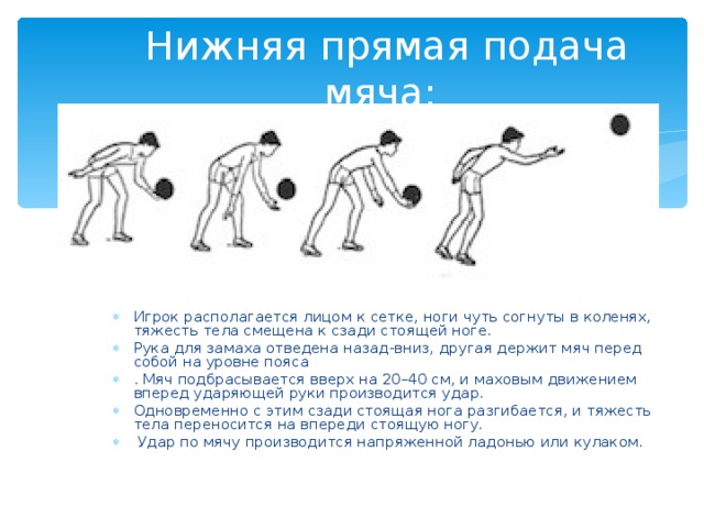 Нижняя прямая подача мяча:   Игрок располагается лицом к сетке, ноги чуть согнуты в коленях, тяжесть тела смещена к сзади стоящей ноге. Рука для замаха отведена назад-вниз, другая держит мяч перед собой на уровне пояса . Мяч подбрасывается вверх на 20–40 см, и маховым движением вперед ударяющей руки производится удар. Одновременно с этим сзади стоящая нога разгибается, и тяжесть тела переносится на впереди стоящую ногу.  Удар по мячу производится напряженной ладонью или кулаком. 