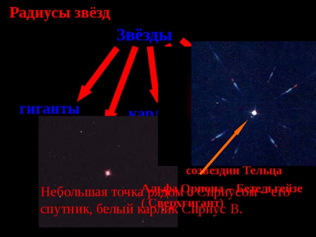 Радиусы звёзд Звёзды Нейтронные звёзды (пульсары) гиганты карлики чёрные дыры сверхгиганты Альдебаран – красный гигант в созвездии Тельца  Альфа Ориона – Бетельгейзе ( Сверхгигант)  Небольшая точка рядом с Сириусом – его спутник, белый карлик Сириус B. 