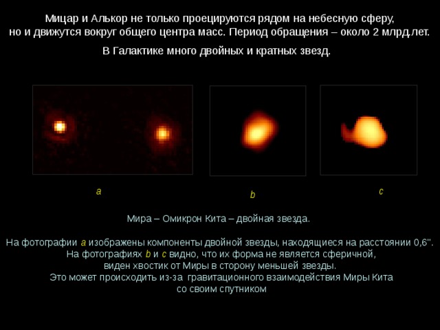 Мицар и Алькор не только проецируются рядом на небесную сферу, но и движутся вокруг общего центра масс. Период обращения – около 2 млрд.лет. В Галактике много двойных и кратных звезд. a c b Мира – Омикрон Кита – двойная звезда. На фотографии  а изображены компоненты двойной звезды, находящиеся на расстоянии 0,6