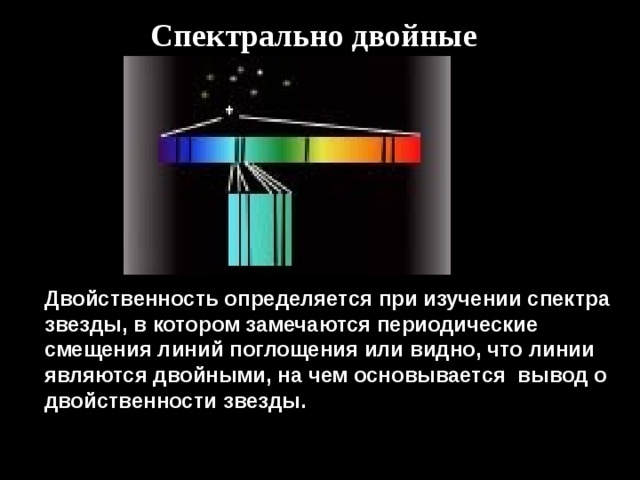 Спектрально двойные Двойственность определяется при изучении спектра звезды, в котором замечаются периодические смещения линий поглощения или видно, что линии являются двойными, на чем основывается  вывод о двойственности звезды. 