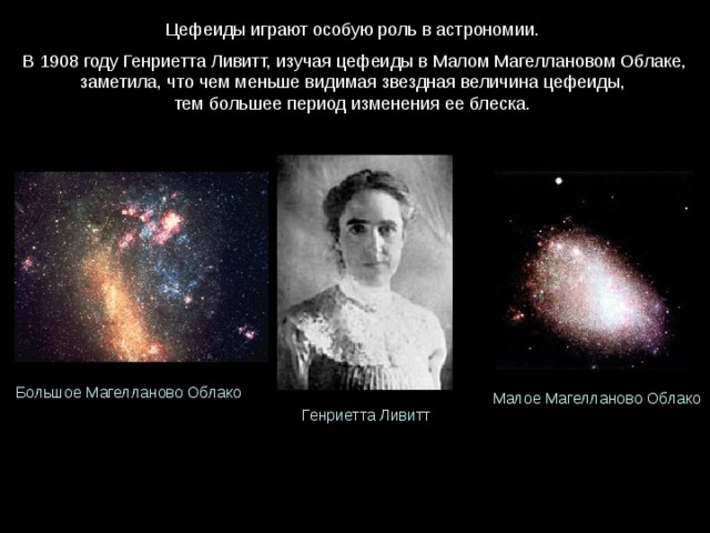 Цефеиды играют особую роль в астрономии. В 1908 году Генриетта Ливитт, изучая цефеиды в Малом Магеллановом Облаке, заметила, что чем меньше видимая звездная величина цефеиды, тем большее период изменения ее блеска. Большое Магелланово Облако Малое Магелланово Облако Генриетта Ливитт 