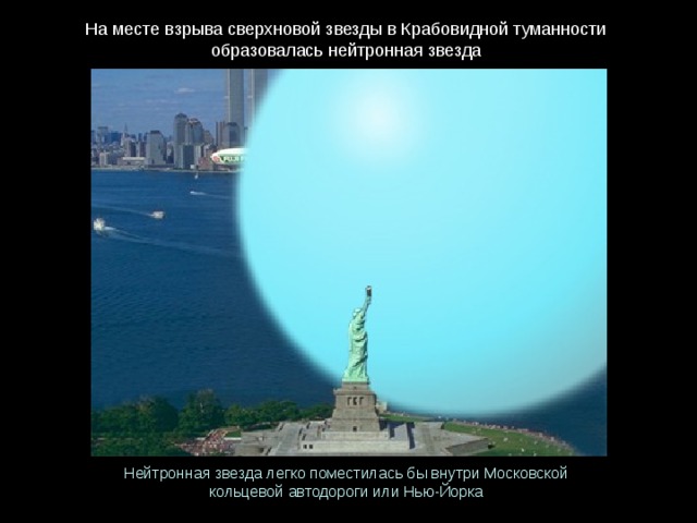 На месте взрыва сверхновой звезды в Крабовидной туманности образовалась нейтронная звезда Нейтронная звезда легко поместилась бы внутри Московской кольцевой автодороги или Нью-Йорка 
