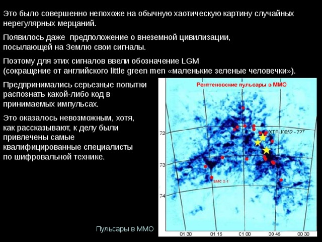 Это было совершенно непохоже на обычную хаотическую картину случайных нерегулярных мерцаний. Появилось даже  предположение о внеземной цивилизации, посылающей на Землю свои сигналы. Поэтому для этих сигналов ввели обозначение LGM (сокращение от английского little green men «маленькие зеленые человечки»). Предпринимались серьезные попытки распознать какой-либо код в  принимаемых импульсах. Это оказалось невозможным, хотя, как рассказывают, к делу были привлечены самые  квалифицированные специалисты  по шифровальной технике. Пульсары в ММО 