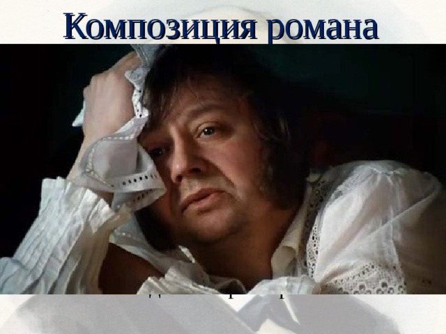 Композиция романа Показать условия, порождающие лень и апатию, проследить, как постепенно гаснет человек, превращаясь в мертвую душу. Все действия происходят вокруг главного героя — Ильи Ильича Обломова . Он объединяет вокруг себя всех действующих лиц. Действия в романе мало (особенно в первой части). Все внимание писателя сосредоточено на тончайшей отделке характеров. 