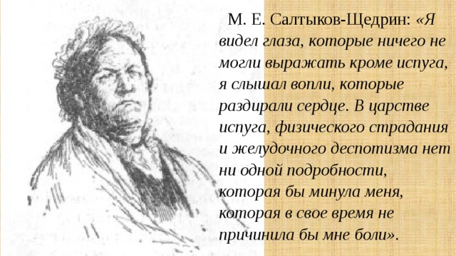М. Е. Салтыков-Щедрин: «Я видел глаза, которые ничего не могли выражать кроме испуга, я слышал вопли, которые раздирали сердце. В царстве испуга, физического страдания и желудочного деспотизма нет ни одной подробности, которая бы минула меня, которая в свое время не причинила бы мне боли». 