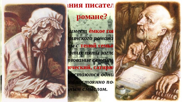 2. Какие названия писатель дал главам в романе? Каждая из глав романа имеет ёмкое говорящее заглавие . Из семи названий глав щедринского романа первые пять прямо и непосредственно связаны с темой семьи , семейных отношений. Каждое из этих пяти заглавий, как будто бы намекающих на существование семейных уз, на самом деле содержит скрыто иронический, сатирический намёк на неизбежный их распад : остаются одни только слова, привычные, по традиции постоянно повторяемые, но не наполненные уже реальным смыслом. 