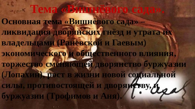Тема «Вишнёвого сада». Основная тема «Вишнёвого сада» – ликвидация дворянских гнёзд и утрата их владельцами (Раневской и Гаевым) экономического и общественного влияния, торжество сменяющей дворянство буржуазии (Лопахин), рост в жизни новой социальной силы, противостоящей и дворянству, и буржуазии (Трофимов и Аня). 