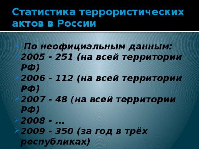 Статистика террористических актов в России  По неофициальным данным: 2005 - 251 (на всей территории РФ) 2006 - 112 (на всей территории РФ) 2007 - 48 (на всей территории РФ) 2008 - ... 2009 - 350 (за год в трёх республиках) 2010 (январь – март) - 90 (за три месяца в трёх республиках) 
