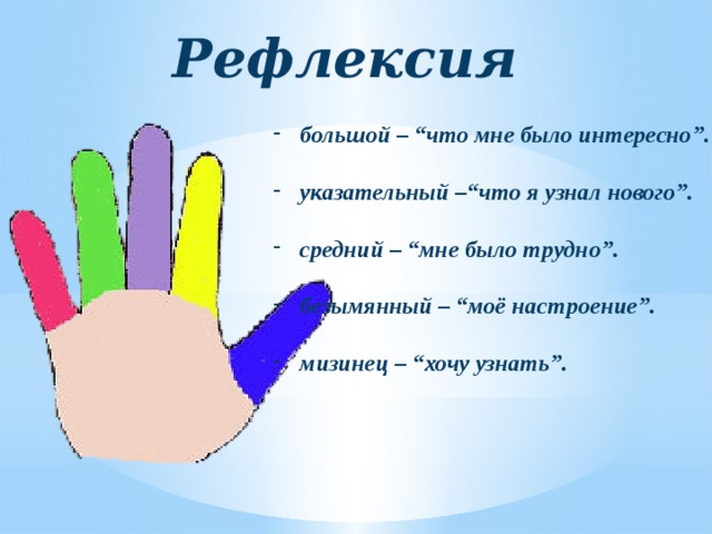 Рефлексия  большой – “что мне было интересно”.  указательный –“что я узнал нового”.  средний – “мне было трудно”.  безымянный – “моё настроение”.  мизинец – “хочу узнать”.   