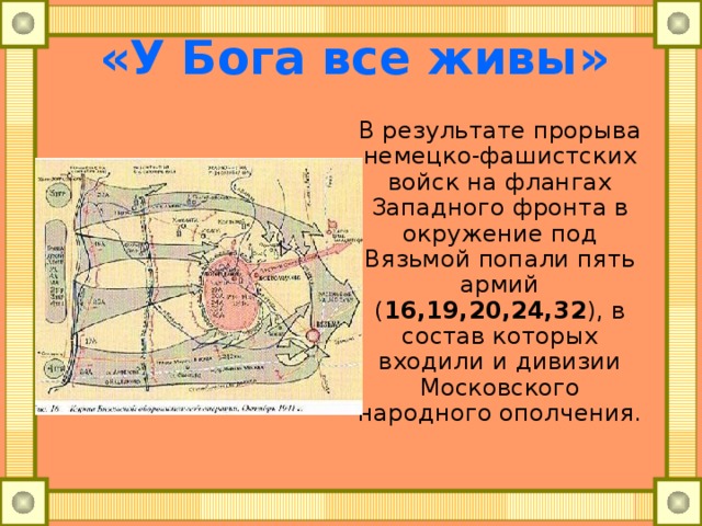 «У Бога все живы» В результате прорыва немецко-фашистских войск на флангах Западного фронта в окружение под Вязьмой попали пять армий ( 16,19,20,24,32 ), в состав которых входили и дивизии Московского народного ополчения. 